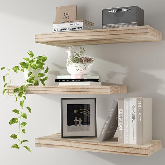 Floating Shelves Wall Shelf Solid Wood Mounted Storage for Bedroom Living Room Set of 3, Rustic Torched Wall Shelves