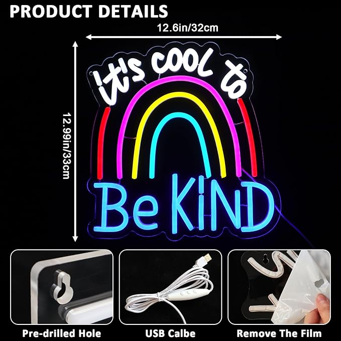 It's Cool To Be Kind Neon Sign for Wall Decor, Rainbow Led Signs for Bedroom, USB Dimmable Colorful Neon Lights for Classroom Home Club Motivational Birthday Party Office Decoration Wall Art