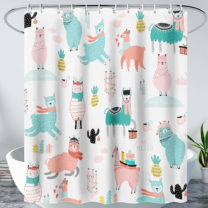 AILONEN Cute Llama Alpaca Shower Curtain 48" W*72" H Bathroom Curtains for Kids,Cartoon Animals Colorful Girls Cactus Bath Decor Fabric Polyester Waterproof Shower Curtain with 12 Pack Plastic Hooks