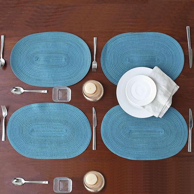 Noctiflorous Oval Braided Placemats Set of 4 Woven 12x18 Inch Non Slip Washable Heat Resistant Place Mats Tablemats for Dining Kitchen Party Daily Table Decor Dinner Mats (Teal Blue, 4)