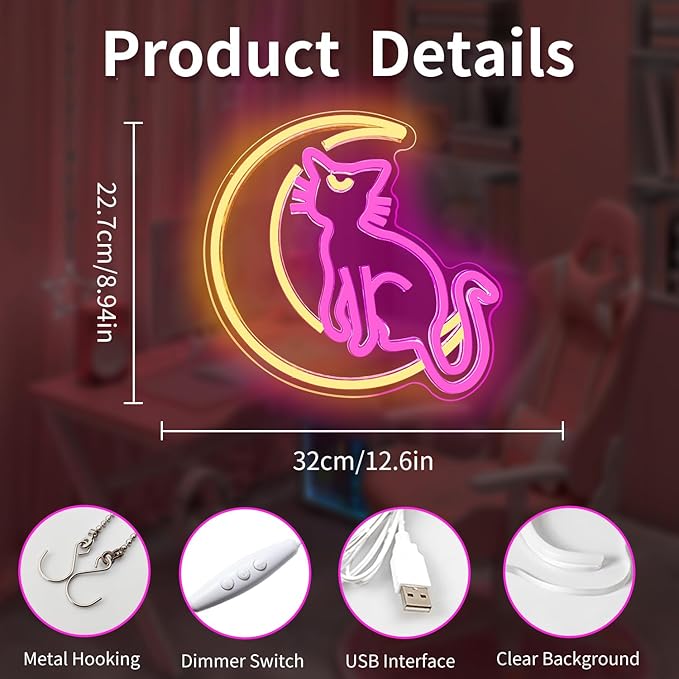 Japanese Anime Cat Neon Signs Dimmable Cartoon Luna Neon Lights Moon Cat Neon Light Sign Cute Led Signs for Bedroom Wall Girls Room Dorm Birthday Party Kawaii Gift