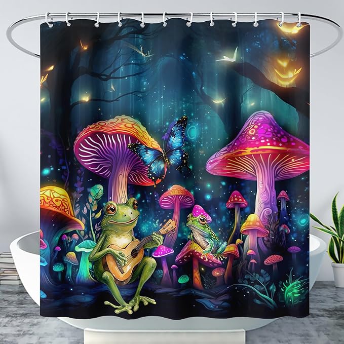 AILONEN Cartoon Frog Shower Curtain,Guitar Frog Fabric Shower Curtains for Bathroom,Magic Mushroom Weighted Polyester Cloth Bath Curtain Set,Mysterious Butterfly Bathroom Curtain,72" W*96" H