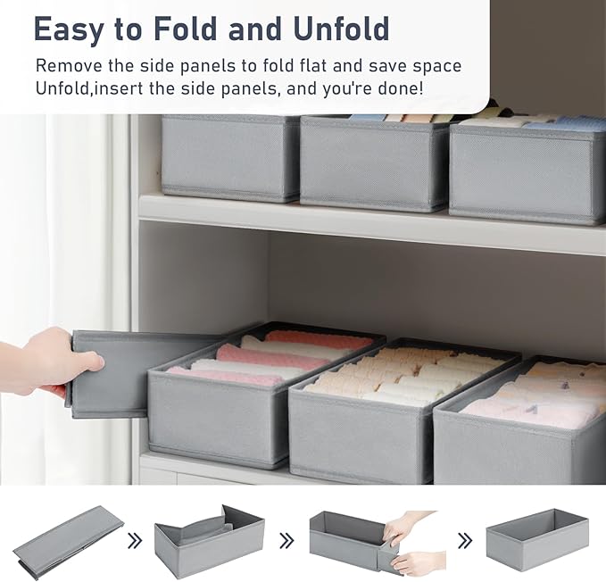 DIMJ Drawer Organizer Clothes - Underwear Organizer Small Sock Organizer Closet Organizers and Storage Box Dresser Drawer Dividers for Baby Clothes,Bra,Socks, Belt, Tie, Set of 6,Grey