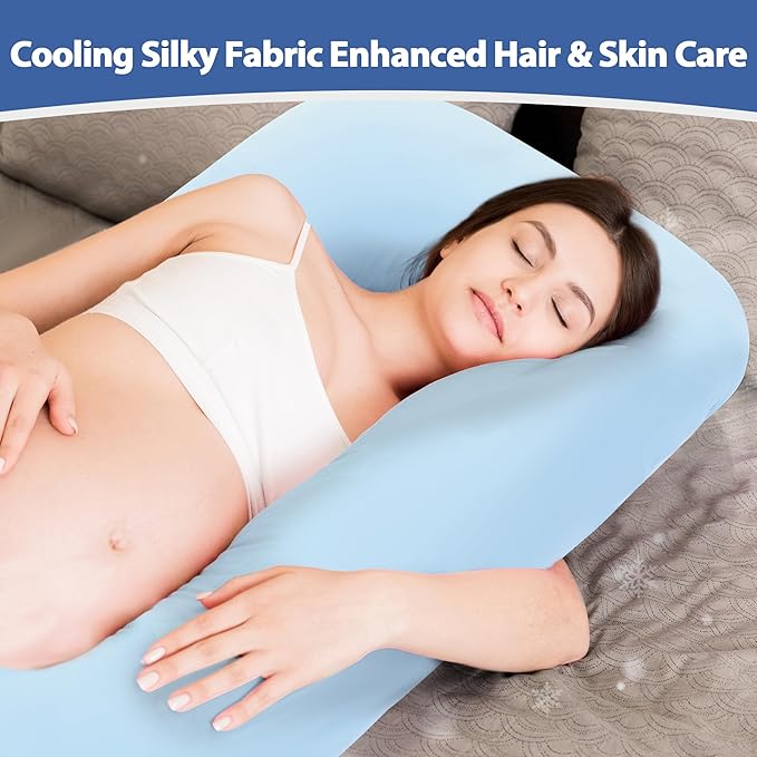 Cooling Pregnancy Pillow Cover (ONLY Pillowcase), Q-Max 0.4 U Shaped Luxurious Smooth Maternity Pillow Cover with Hidden Zip, Cool Large Pillow Protector for Side Hot Sleeper, Blue, 58x32 in