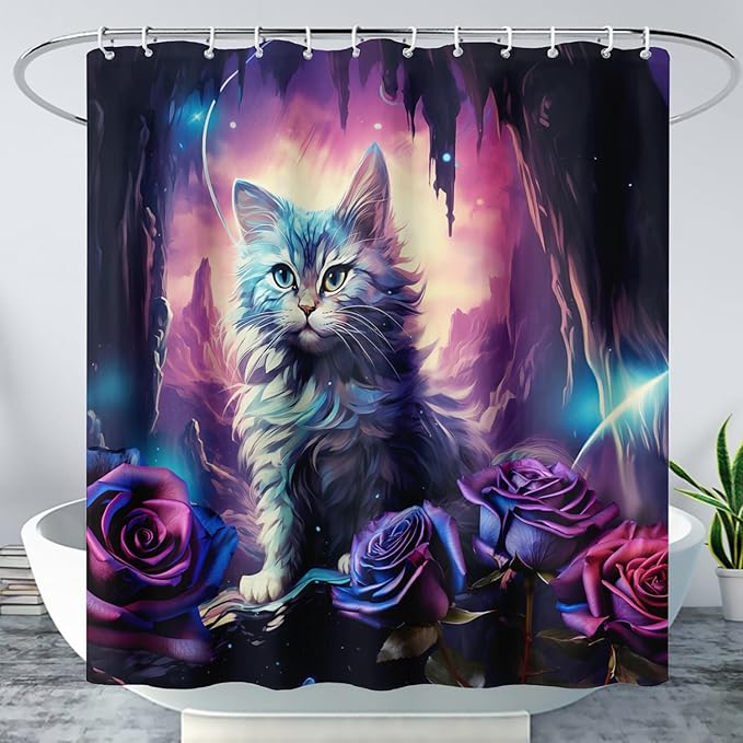 AILONEN Cool Cat Shower Curtains,Purple Rose Cat Bath Curtains for Bathroom Decor,Cave Cat Curtains for Kids,72" W*84" H Polyester Waterproof with 12 Plastic Hooks