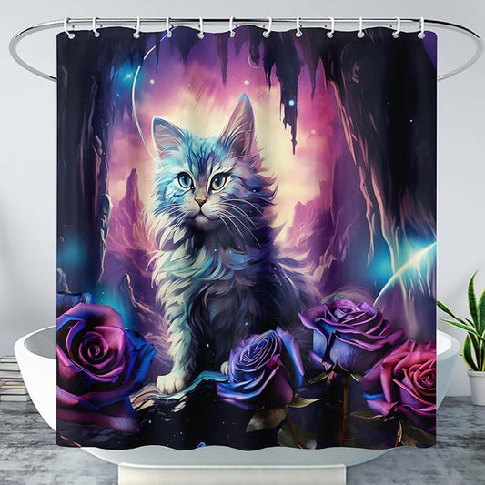 AILONEN Cool Cat Shower Curtains,Purple Rose Cat Bath Curtains for Bathroom Decor,Cave Cat Curtains for Kids,72" W*72" H Polyester Waterproof with 12 Plastic Hooks