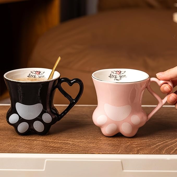 Cat Paw Coffee Mug - Pink and Black Set of 2, Perfect for Cat Lovers, Enjoy Your Coffee with These Cute Cat Paw Mugs, 10oz, Couple&Wedding, Best Festival Gifts(Black&Pink)