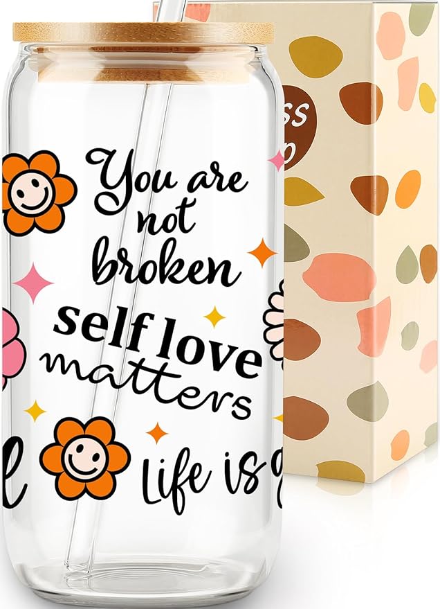 Self Love Matters, Mental Health Sublimation Glass Tumbler, 16oz Glass Can Cup with Positive Quotes and Smiley Flowers, Gift for Her Best Friend Tumbler, Self Care Gift, Lid and Straw