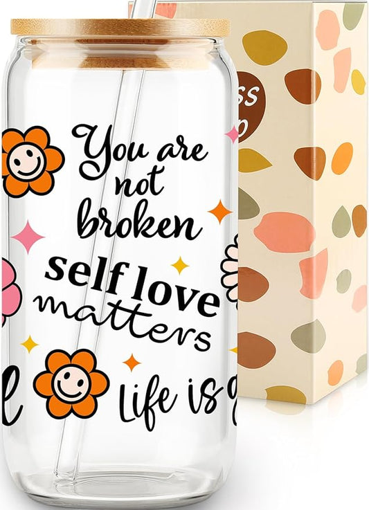 Self Love Matters, Mental Health Sublimation Glass Tumbler, 16oz Glass Can Cup with Positive Quotes and Smiley Flowers, Gift for Her Best Friend Tumbler, Self Care Gift, Lid and Straw