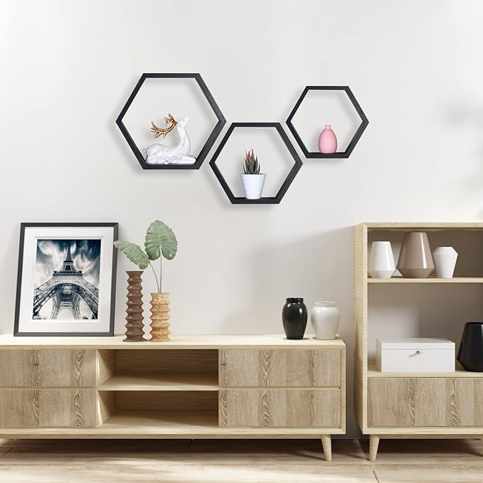 PHOENANCEE Hexagon Floating Shelves,Honeycomb Shelves Set of 3,Wall Mounted Wood Farmhouse Hexagonal Storage Wall Shelf for Bathroom, Kitchen, Bedroom, Living Room