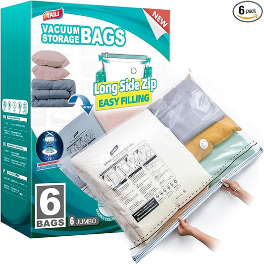 TAILI-LONG SIDE ZIP 6 Pack Vacuum Storage Bags, Vacuum Seal Bags for Clothing(39x28 inches), Jumbo Storage Space Saver for Beddings, Comforters, Blanket, Pillows and Clothes