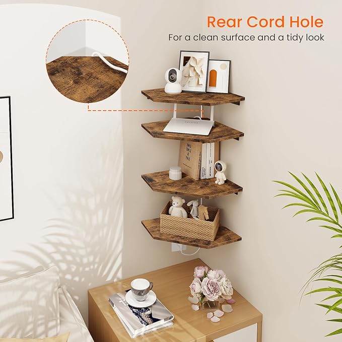 Homode Corner Shelf Wall Mount, Set of 4 Floating Corner Shelves with Cord Hole for Cable Box, Wood Corner Hanging Shelves for Bathroom Bedroom Kitchen, Rustic Brown