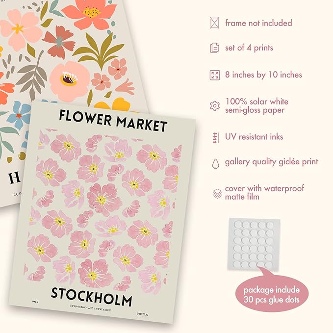 InSimSea Wall Art Prints Poster Flower Market Wall Art Set Danish Pastel Aesthetic Room Decor Floral Posters, Vintage Flower Prints Pictures for Living Room Bathroom Easter Decor UNFRAMED, 8X10in