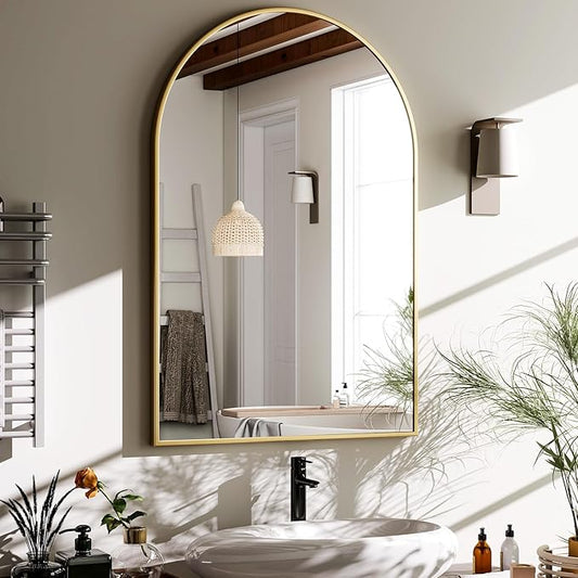 HARRITPURE 20"x30" Arched Bathroom Mirror - Wall Mounted Mirror - Gold Arch Mirror - Aluminum Alloy Frame Bathroom Mirror Living Room, Bedroom and Entryway