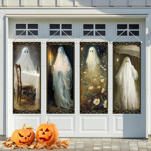 PATIAI Halloween Decorations 4 Pcs Vintage Halloween Hanging Banner Ghost Holding A Candle Photo Banner Backdrop for Indoor Outdoor