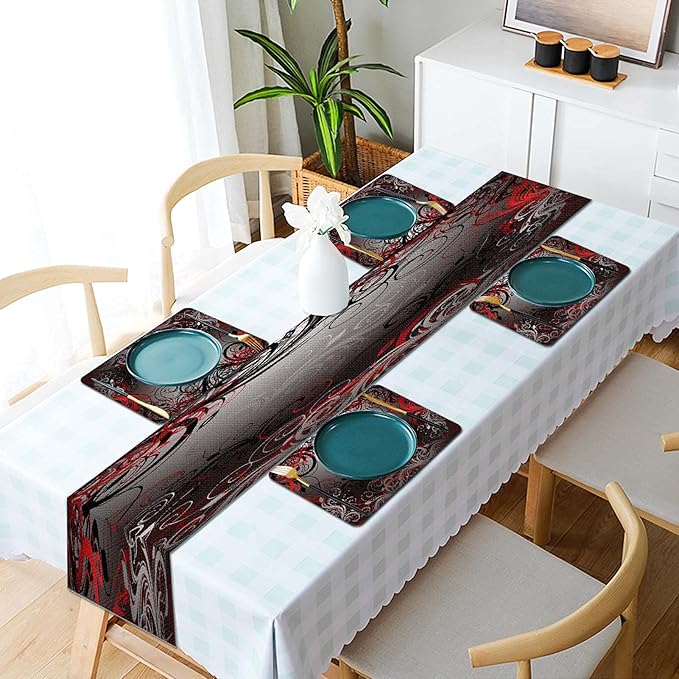 Mcalk Table Runner and Placemats Set of 6 Pieces,Mystic Gray Leaf Placemat,Cloth Place Mats Red Indoor for Kitchen,Washable Placemats Floral Print Linen Material for Dining Table