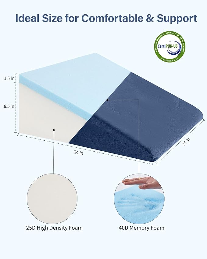 Wedge Pillow for Sleeping, 12 Inch Bed Wedge Pillow for After Surgery, Acid Reflux, Memory Foam Top Triangle Pillow Wedge for Head, Back, Leg with Machine Washable Cover-Blue