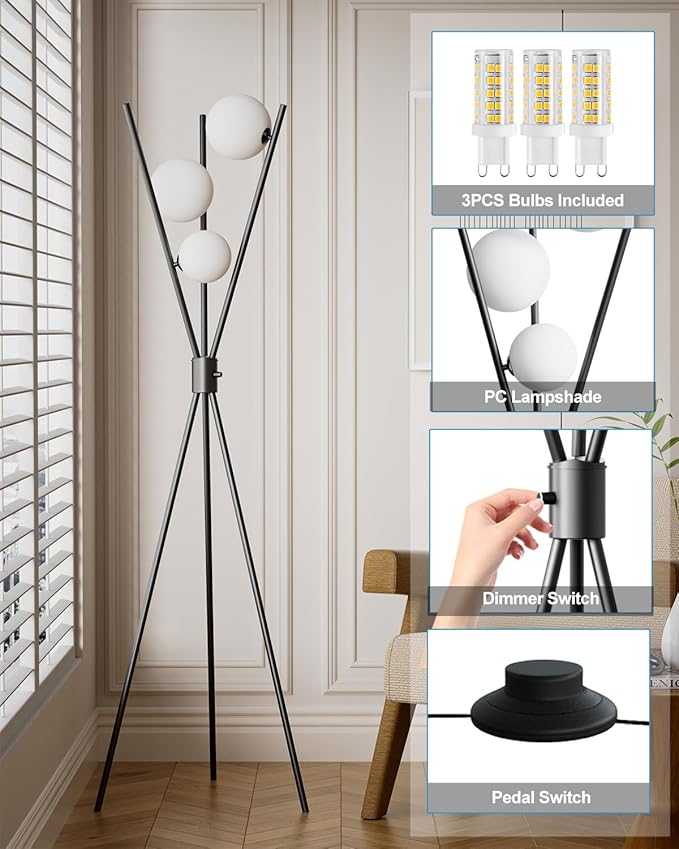 3 Globe Dimmable Tripod Floor Lamp, Mid Century Standing Lamps with 3Pcs 3000K Bulbs Included, Modern Tall Lamp for Living Room Bedroom Office-Black