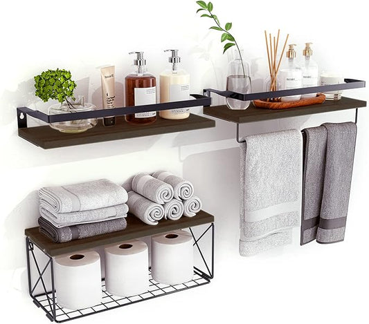 Floating Shelves Wall Mounted, Rustic Wood Bathroom Shelves Over Toilet with Paper Storage Basket, Wall Shelves for Wall Decor, Bedroom, Living Room, Kitchen and Washroom