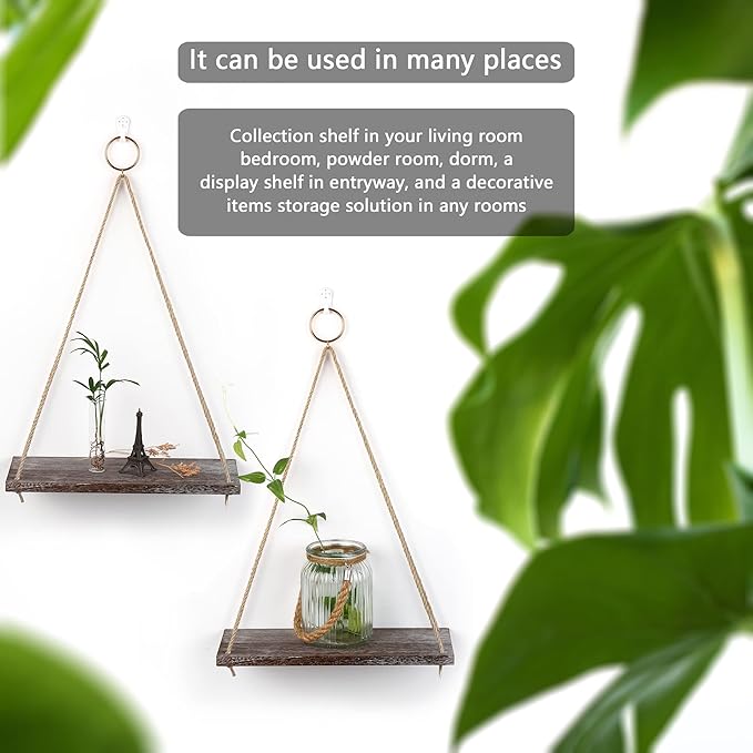 MITIME Hanging Shelves - Indoor Plant Shelf & Wall Hanging - Floating Shelves for Bedroom, Bathroom, Living Room - Macrame Wall Decor, Boho Style, Set of 2 (Medium)