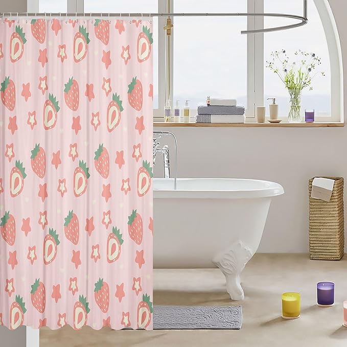 Feelyou Pink Strawberry Fabric Shower Curtain Kawaii Fruit Shower Curtain for Kids Boys Girls Cute Stars Strawberry Bathroom Waterproof Accessories with 12 Hooks Kawaii Lovely Curtains,72x84 Inches
