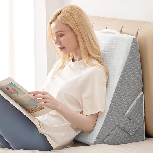 Bed Wedge Pillow for Sleeping, 9 & 12 Inch Adjustable Wedge Pillow for Back Pain Relief, 7-in-1 Memory Foam Triangle Pillow Wedge for Post Surgery, Acid Reflux, GERD, Snoring, White/Grey