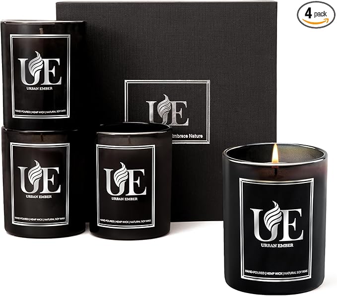 4 Pack Scented Aromatherapy Candles Gifts Set, 32 oz 220 Hour Long Lasting Candles for Home Scented, Amber Wood/Oud Vanilla/Wood Leather/Eucalyptus Mint