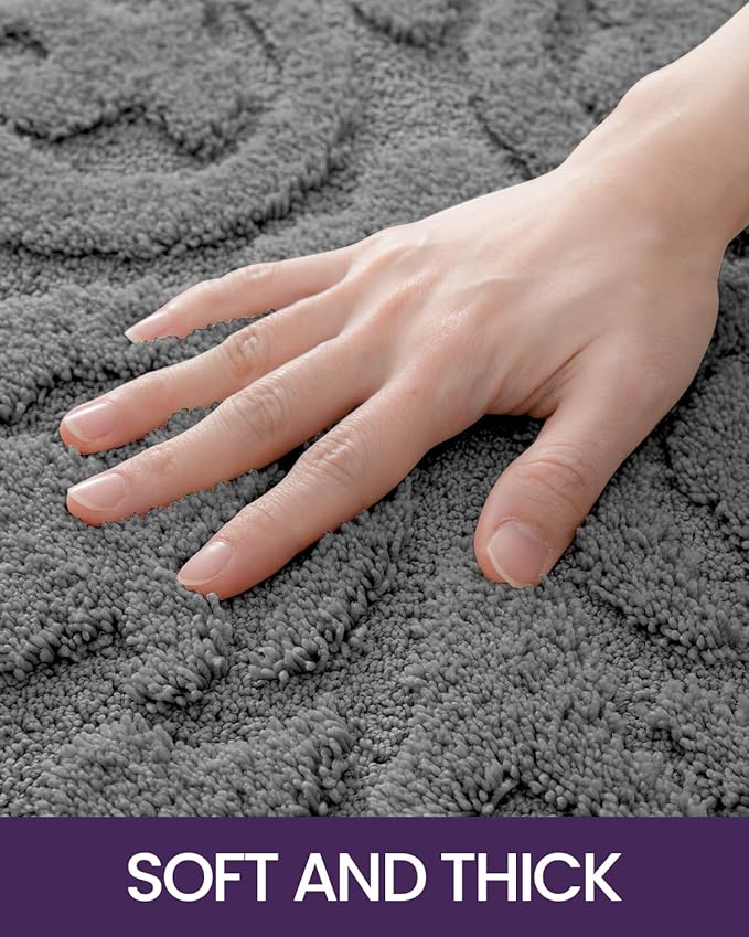 DEXI Bathroom Rug 17x30, Non Slip Washable Bath Mat for Shower Floor, Absorbent Soft Bathmat with Rubber Backing, Plush Fluffy Microfiber Floral Retro Carpet, Dark Grey