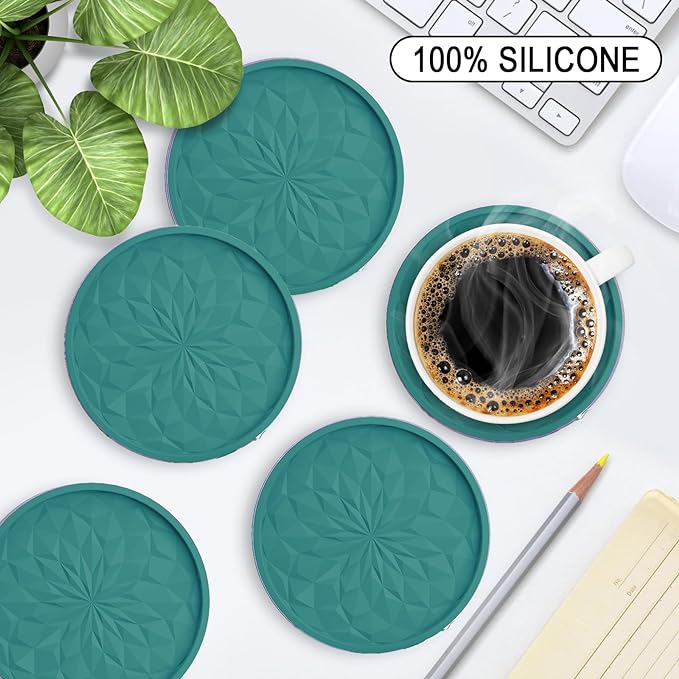ME.FAN Silicone Coasters with Holder,[6 Pack] Drinking Coasters - Cup Mat for Hot or Cold Drinks, Thickened, Non-Slip, Non-stick,Deep Tray Teal Blue