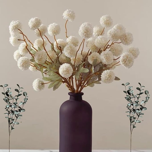RyddeligHome White Faux Flowers for Vase - Kiku 10 Stems & Eucalyptus, Fake Flowers Stems, Realistic Artificial Flowers, Pom Pom Balls for Aesthetic Room Decor, Floral Arrangements Centerpiece