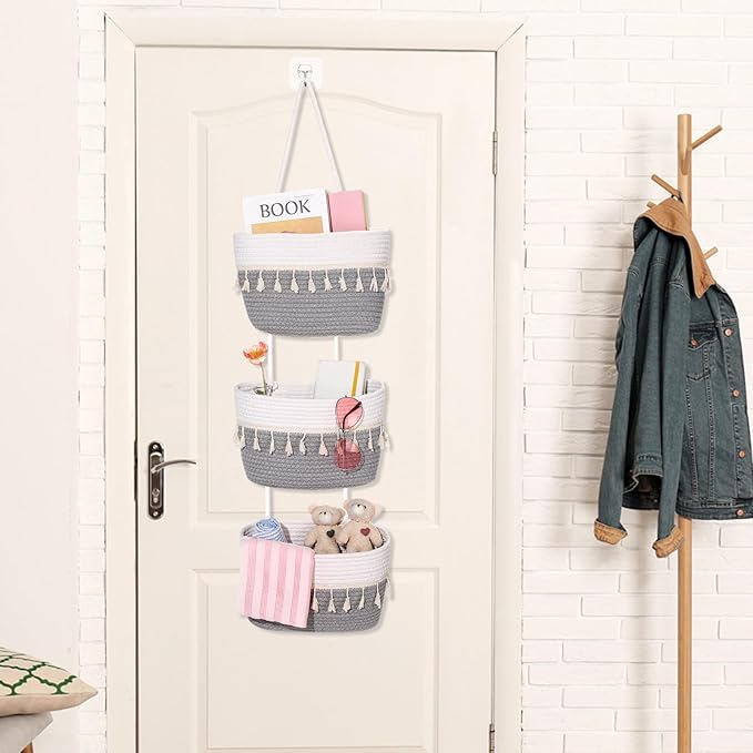 Over The Door Hanging Basket Boho Woven Wall Hanging Baskets 3-Tier Cotton Wall Mounted Storage Organizer Bag Macrame Decorative Hanging Baskets for Kitchen Laundry Room Stairs(Gray, White)