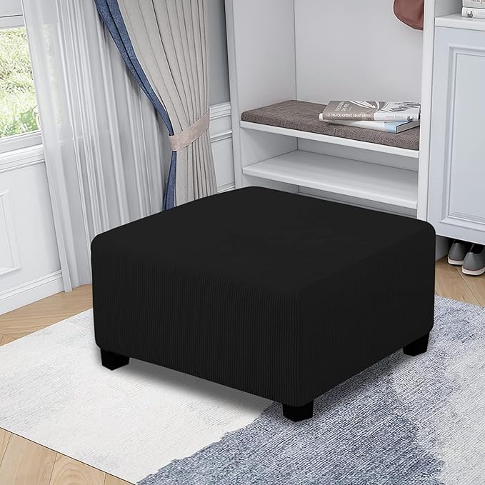 Easy-Going Stretch Ottoman Cover Folding Storage Stool Furniture Protector Soft slipcover with Elastic Bottom (Medium,Black)