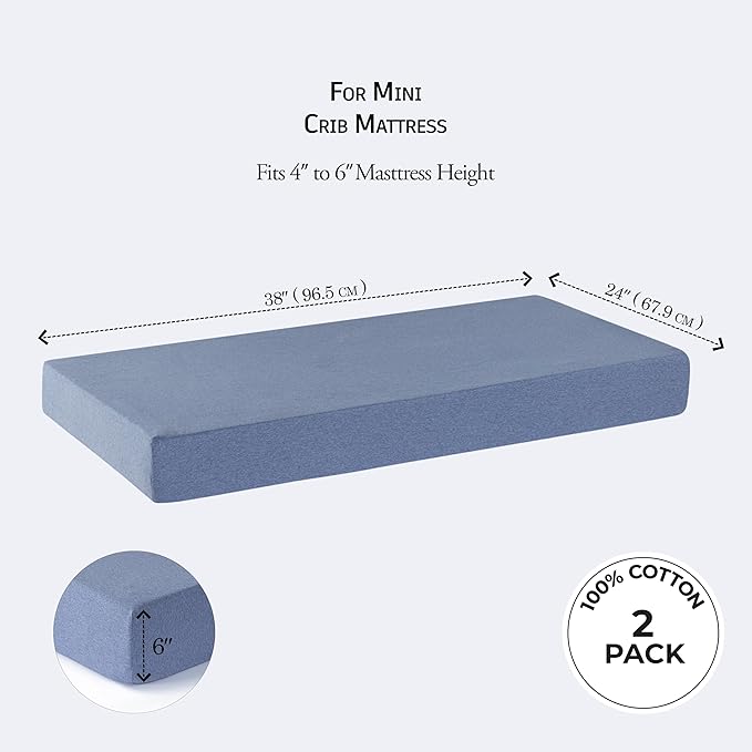 Mini Crib Fitted Sheet, 100% Cotton Knitted Jersey, Pack n Play Sheet, Breathable, Fitted Crib Sheets, Super Soft, Toddler Fitted Sheet,2 Pack,Sky Blue/Animals, 38x24x6