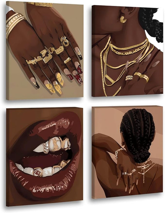 Black Woman Framed Canvas Art Printing,Boho Black Female Wall Art,Black Girl Art Poster,Abstract African American Woman Wall Art Decor for Home Bedroom - Set of 4 (8"X10",Built-in frame)