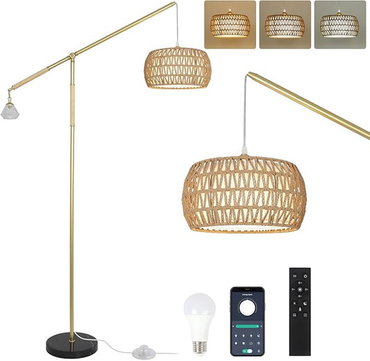 Gold Floor Lamp with 3 Color Temperatures, Floor Lamps for Living Room with Remote and LED Dimmable Bulb, Farmhouse Arc Standing Lamp, Rattan Floor Lamp for Bedroom, Adjustable Over Couch Tall Lamp