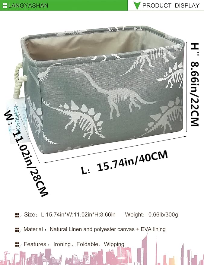LANGYASHAN Rectangular Storage Bin Collapse Canvas Fabric Cartoon Storage Basket with Handles for Organizing Home Kitchen Boys and Girls Toys Office Closet Shelf Baskets (Rec Gray Dinosaur skeleton)