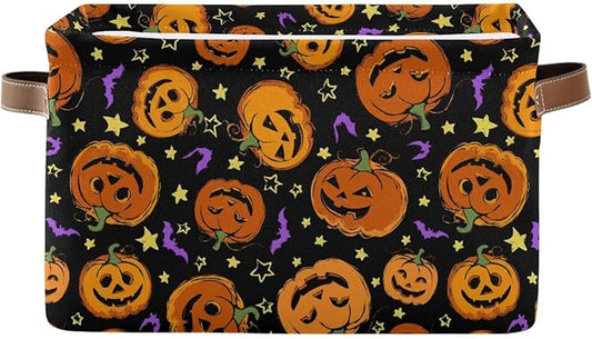 Halloween Pumpkin Spooky Storage Basket Fabric Kitchen Baskets Purple Bat Black Open Home Storage Bins Boxes Foldable Organizer Bag for Baby Cloth Pet Toy Book Shelf Closet Baskets 16×12×8 Inches