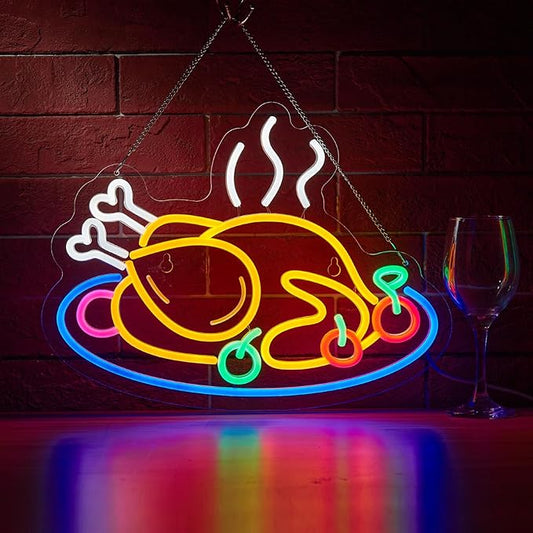 Grilled Chicken Neon Sign for Wall Décor Dimmable Roast Chicken Shop LED Light USB Powered Flame Neon Art Signs Decor