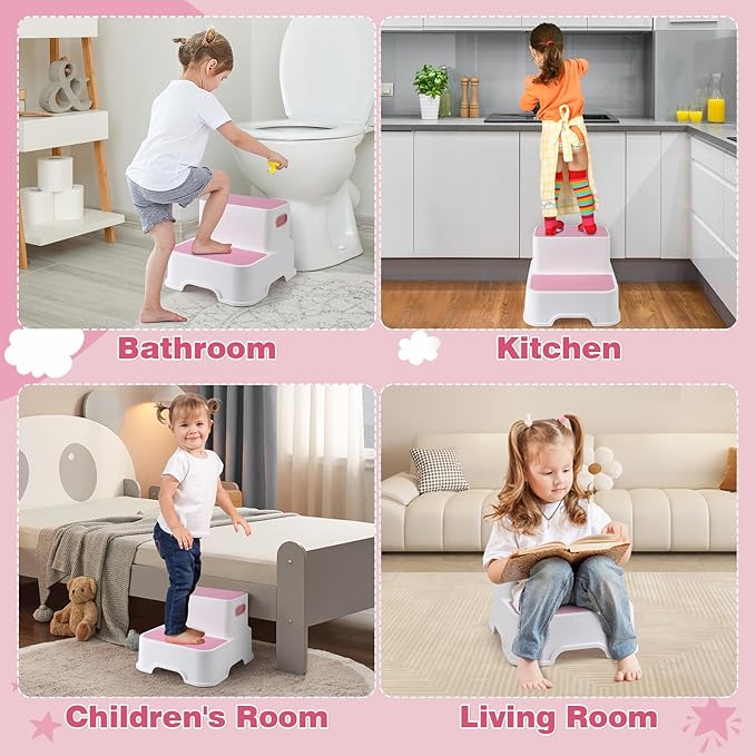 GAOMON Toddler Step Stool, 2 Step Stool for Kids, Toddler Step Stool for Bathroom Sink, Non-Slip Double up Kids Step Stool for Potty Training, Kitchen, Bedroom, Toilet (2 Pack, Pink)