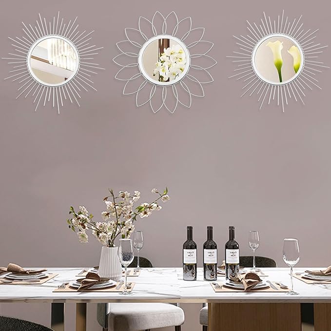 3 Pack Metal Mirrors for Wall Sunburst Wall Mirrors Home Décor Decorative Hanging Wall Art for Living Room Bedroom Entryway (Silver, Flower+Sunburst)