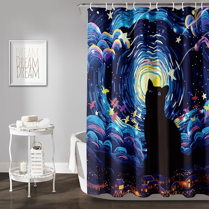 AILONEN Cartoon Black Cat Shower Curtain Set,Starry Night Bath Curtain for Kids Girls Boys,Country Style Shower Curtain,Cat Lovers Animal Shower Curtains for Bathroom Decor, 72" W*72" H