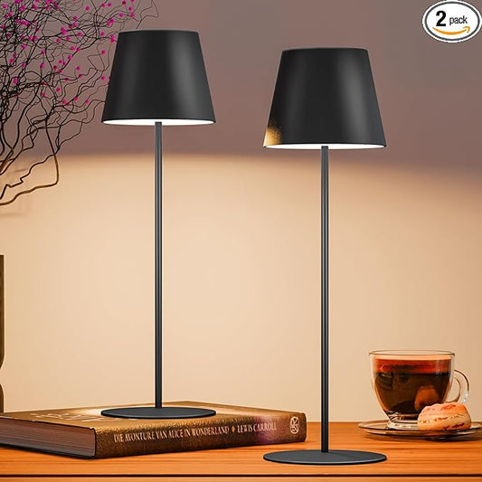 uuffoo 2 Pack Cordless Rechargeable Table Lamps, 5200mAh Battery Powered Outdoor Table Lamps with 3 Colors Stepless Dimming, Desk Night Light for Restaurant, Patio, Bedroom, Bar (Black)