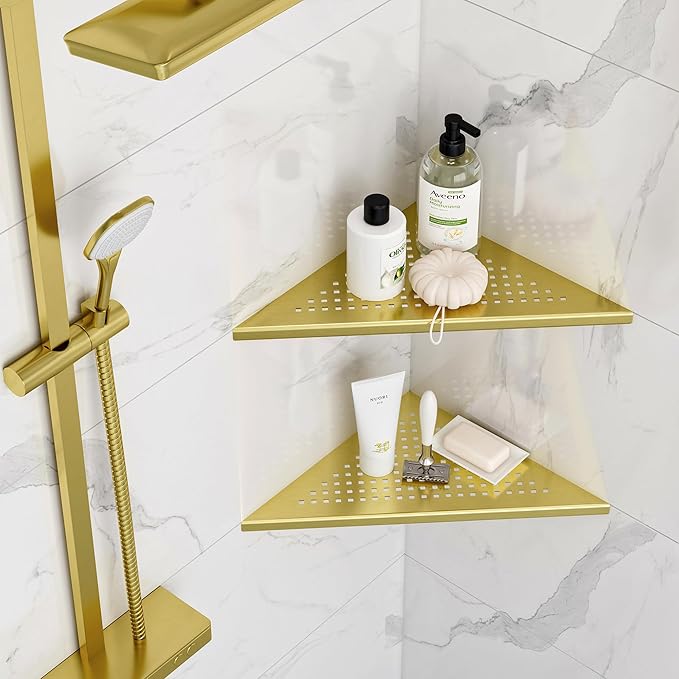 Neodrain 12 Inch Gloden Corner Wall Shelf Set of 2, Floating Corner Shelves for Wall, 304 Stainless Steel Wall Storage Shelves for Bathroom,No Drilling