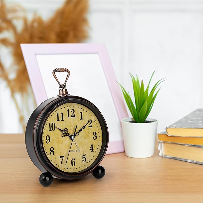 2 Pack Vintage Retro Analog Alarm Clocks, 5.2 Inch Silent Non Ticking Small Table Clock, Battery Operated Desk Clocks for Bedroom, Elegant Bedside Gift Clock for Living Room, Office, Room Decor