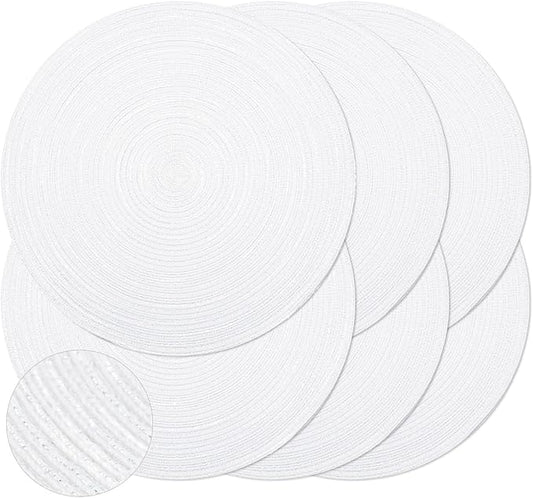 Noctiflorous 15 Inch Round Placemats Set of 6 Durable Braided Woven Heat Resistant Table Mats for Indoor Outdoor Non Slip Dining Table Place Mats(White Silver, 6)