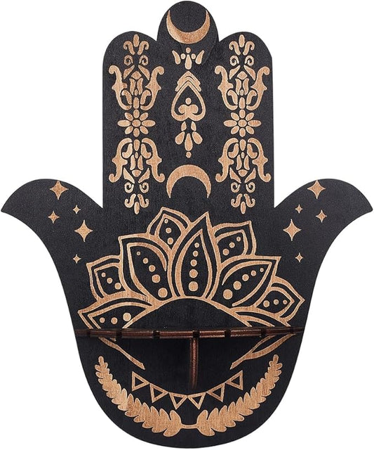CREATCABIN Hamsa Wall Decor Lotus Wooden Crystal Display Shelf Crystal Holder Shelves Hamsa Hand Wall Mounted Floating Shelf Stand for Witch Stuff Altar Supplies Spiritual Gift Black 9.8 x 11.8Inch