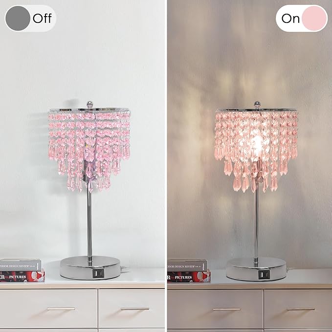 Crystal Touch Control Table Lamp with Dual USB Charging Ports, 3 Way Dimmable Bedside Lamp with Pink Shade, Decorative Nightstand Lamp for Girls Bedroom, Living Room, Office, B11 LED Bulb Included