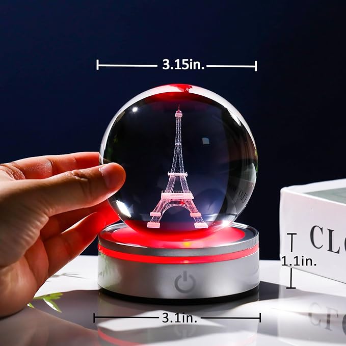 Movdyka 3D Crystal Ball Eiffel Tower Decor Statue Paris Gifts for Women Men, Laser Etched Eiffel Tower Snow Globes with Lamp Base, Paris Themed Bedroom Ornaments Party Decorations France Souvenirs