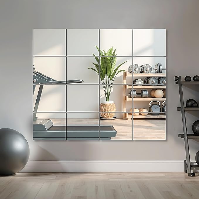 Delma Frameless Mirror Tiles 12"x10"x16 Pcs Wall Mounted, Shatter Resistant Full Length Tempered Glass Panels for Home Gym Bathroom Bedroom & Living Room Decor