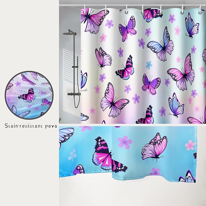AILONEN Pink Butterfly Girls Shower Curtain for Bathroom Decor,Beautiful Floral Butterfly Women Butterfly Bath Curtain 36" W*72" H Polyester Waterproof Bathroom Curtain with 12 Hooks